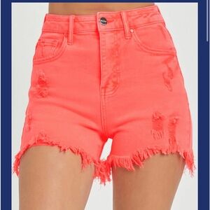 Risen Denim Neon Coral Pink Distressed High Rise Denim Shorts Size Large